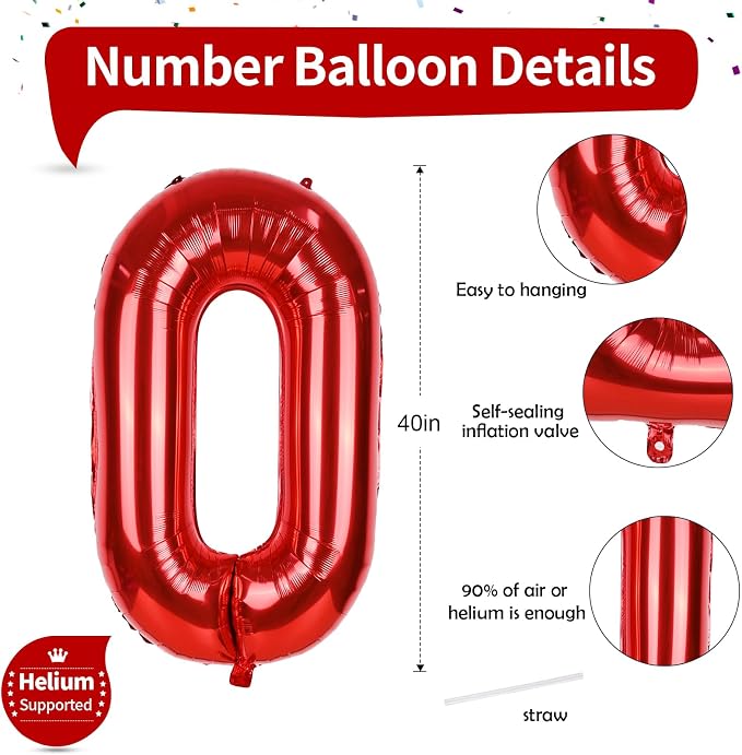 Red Large Number Balloons, 40 Inch Foil 0-9 Set Number Balloon - Image 2