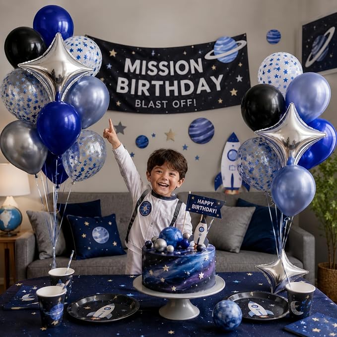 Blue and Black Balloons, Pearl Navy Blue Black Silver Dark Blue Star Confetti - Image 4