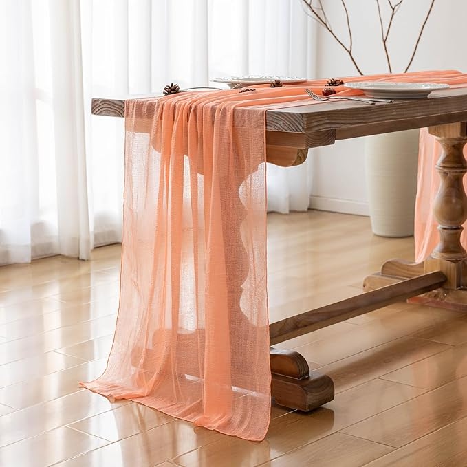 Fresh Salmon Cheesecloth Table Runner Peach Echo Gauze 120 Inch 10 FT Boho Cheese Cloth Table Runner for Wedding Baby Shower Bridal Shower Party Sheer Centerpiece Home Decorations
