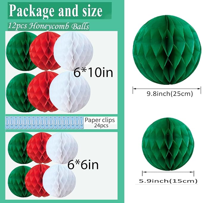 Red White Green, Christmas Paper Honeycomb Balls, 6 and 10 inch Hanging Tissue - Image 2