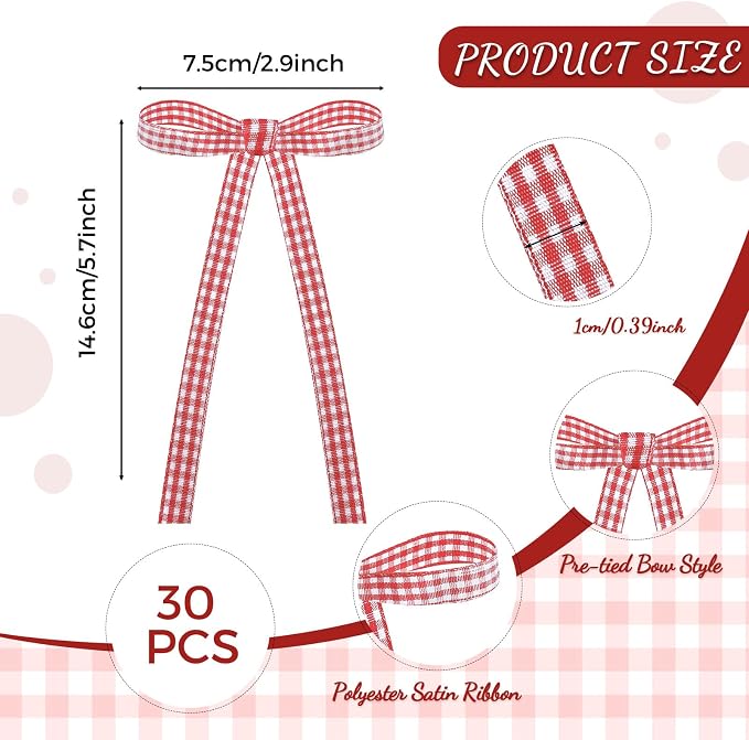 30 Pack Gingham Ribbon Bows for Cake Red Gingham Bow Cake Toppers | Plaid - Image 2