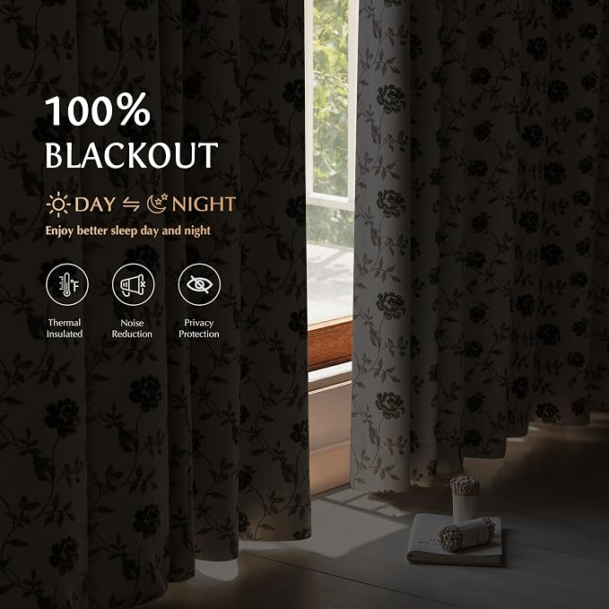 Beauoop Floral 100% Blackout Curtains Bedroom Green Brown 52x96 2 Panels | Rose - Image 3