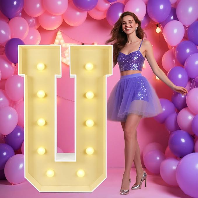 Marquee Light Up Letters: 4FT Large Decorative Signs for Party Decorations Baby Shower Birthday Wedding Engagement Anniversary, 4 Feet Tall Pre-Cut DIY Foamboard Letter U - Easy to Assemble