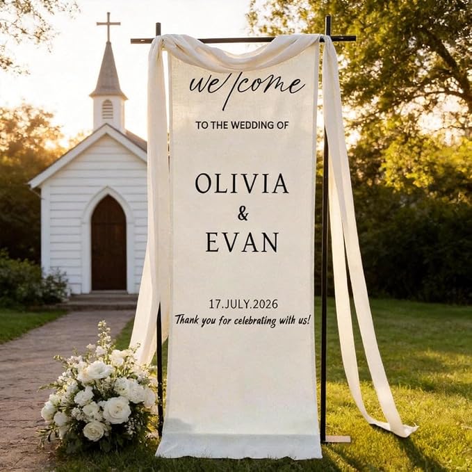 Personalized Wedding Welcome Banner Linen – Custom Names & Date, Elegant Fabric - Image 2