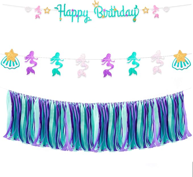 WANDIC Ribbon Tassel Garland, Mermaid Fabric Banner Backdrop Bunting Hanging - Image 5