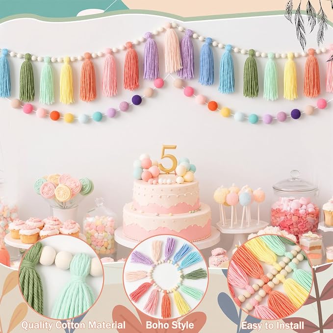 Tenceur Pastel Tassel Garland and Pom Pom Banner Set- 4 Pcs Rainbow Wall Decor - Image 7