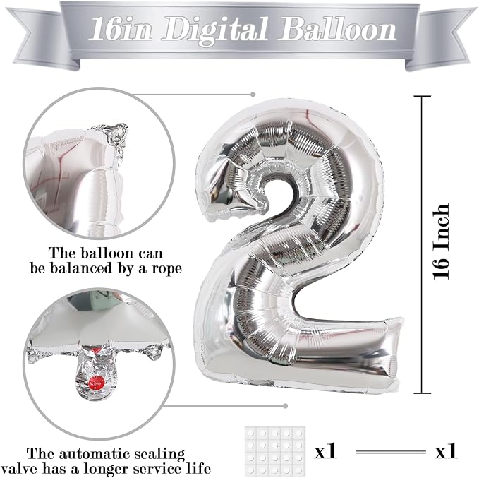 TONIFUL 16 Inch 10 Pcs Fat Silver 0-9 Birthday Number Balloons | Small Custom - Image 2