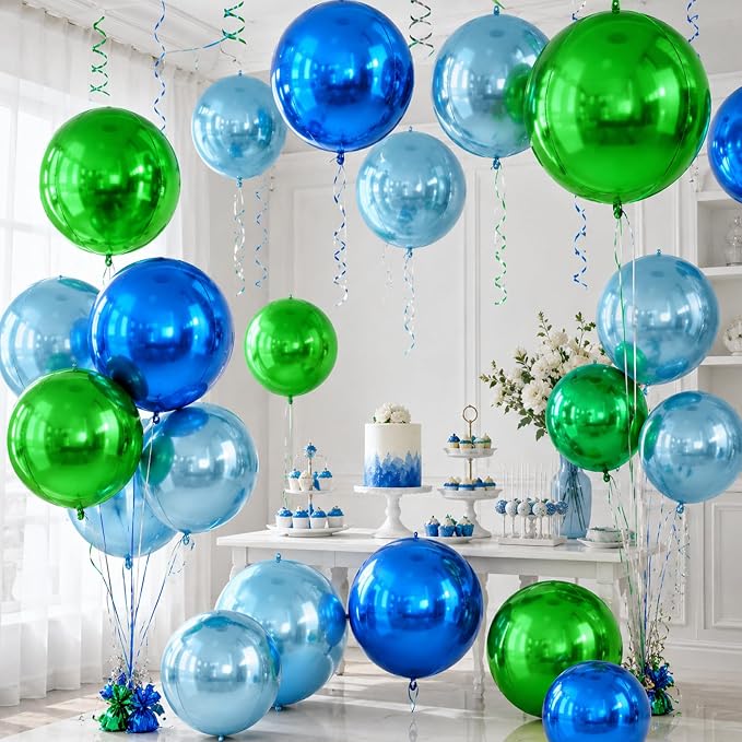 Blue and Green Round Foil Balloons, Metallic Light Blue and Green Foil Baloon - Image 6