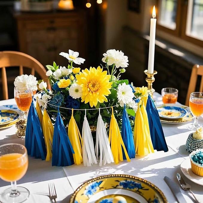 Yellow White and Blue Tissue Paper Tassels 30pcs Streamers Party - Image 5