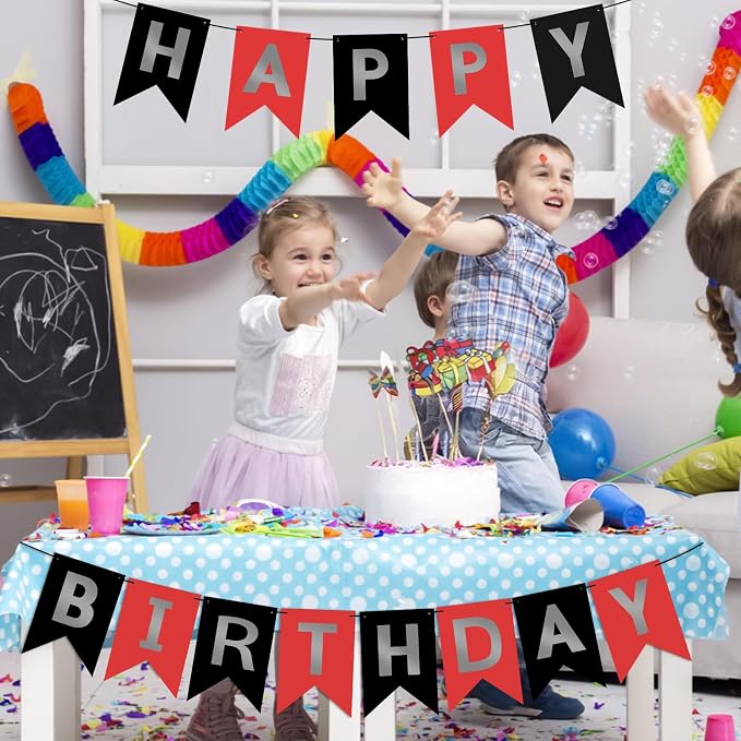 Hooqict Happy Birthday Banner Red Silver Black Happy Birthday Decorations - Image 6