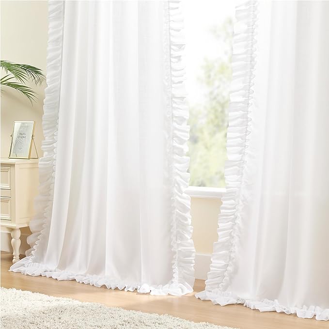 White Ruffle Curtains for Bedroom Ruched Edges 47 x 63 Inch, 2 Panels | Rod - Image 4