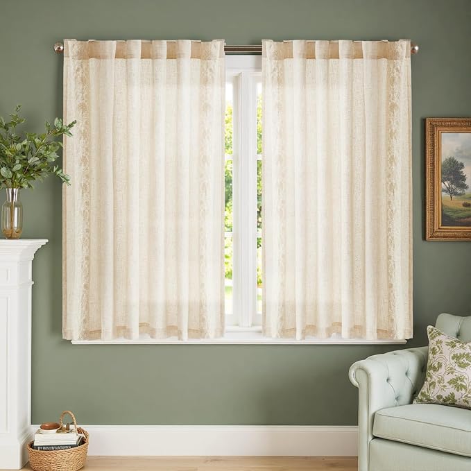 jinchan Ivory Floral Embroidered Linen Kitchen Curtains 54×45 Inch 2 Panels | - Image 3