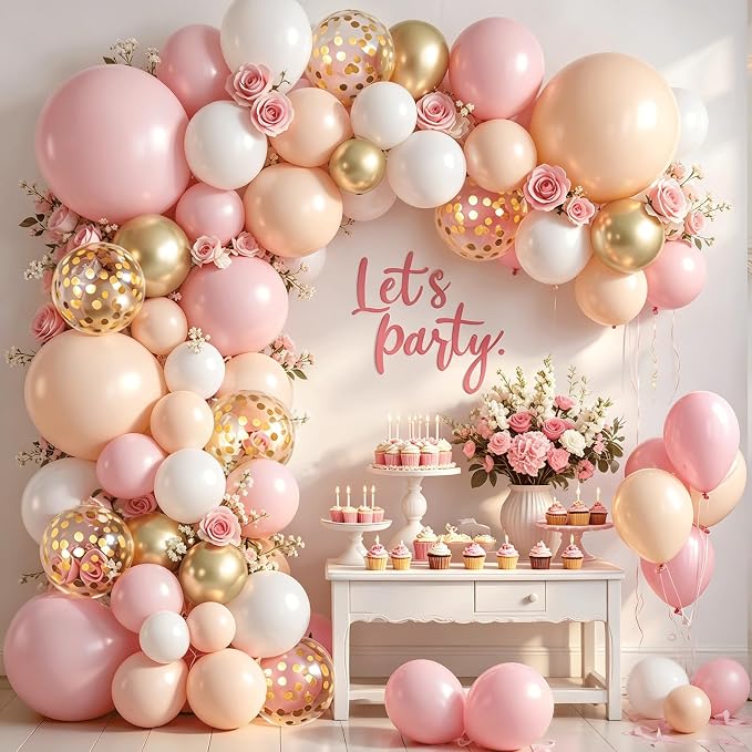 Pink and Gold Balloon Arch Kit, Nude White Confetti, Party Decor | Light Pink by Kalyerparty