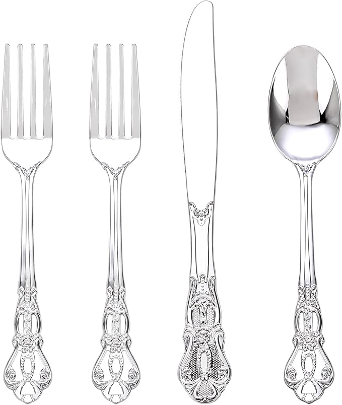 200PCS Silver Plastic Cutlery - Vintage Silver Disposable Silverware - Heavyweight Plastic Utensils with 100 Forks, 50 Knives, 50 Spoons For Catering, Parties, Dinners and Weddings