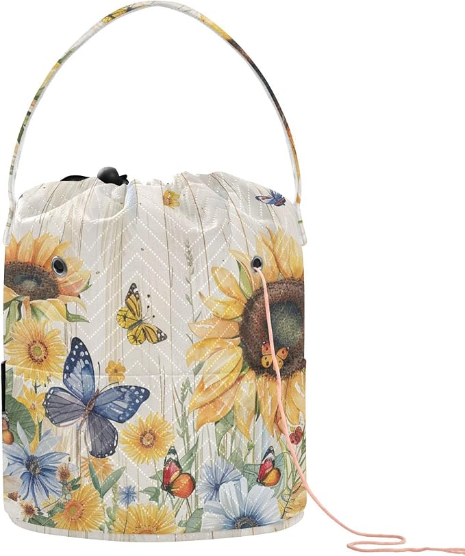 Watercolor Cornflower Sunflower Yarn Bag Small Crochet Bag Drawstring Yarn by Tatenale