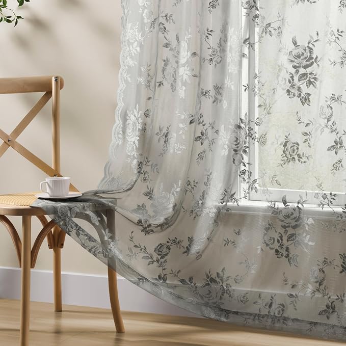Gray Lace Curtains 72 Inch Length 2 Panels Set - Image 5
