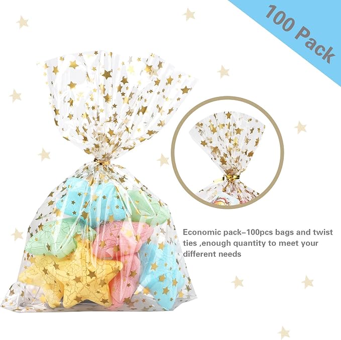 COQOFA 200 Pcs Star Printed 5"X7" Gift Wrap Cello Cellophane Clear Candy Cookie - Image 3