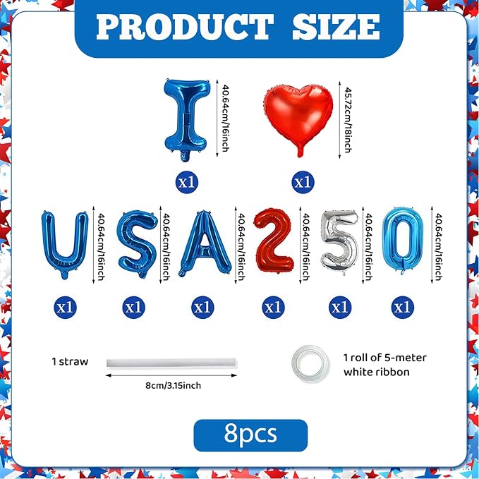 8Pcs 4th of July Decorations, USA 250 Foil Letter Balloons - Image 2