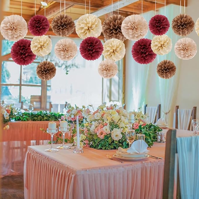 Capesaro Burgundy Beige 12PCS Paper Pom Poms Party Decorations - Image 4