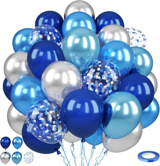 Paready Blue Silver Balloons, 12 Inch Confetti Balloon Metallic Silver Party by Paready