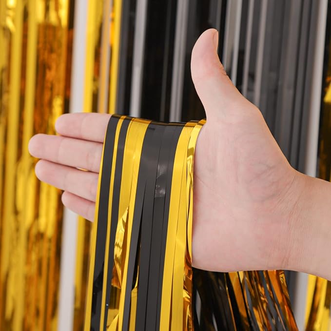 Voircoloria Black Gold Foil Fringe Backdrop Curtains, 2 Pack | Tinsel Streamers - Image 2