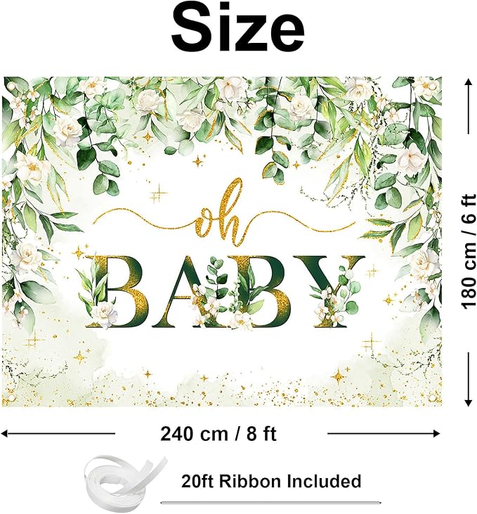 Greenery Boy Baby Shower Decorations Banner Floral Green Sage Oh Baby Backdrop - Image 2