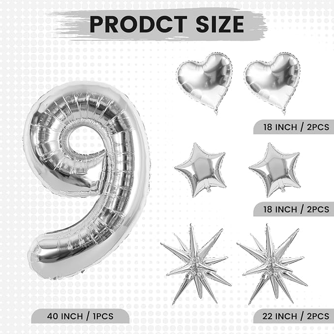 TONIFUL 9th Birthday Balloons Kit 40Inch Silver Large Number 9 Foil Balloon | - Image 2
