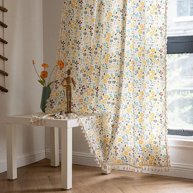 ENJOYBRIDAL Floral Curtains 96 Inch Length 2 Panels Tassel Boho Semi-Sheer - Image 8