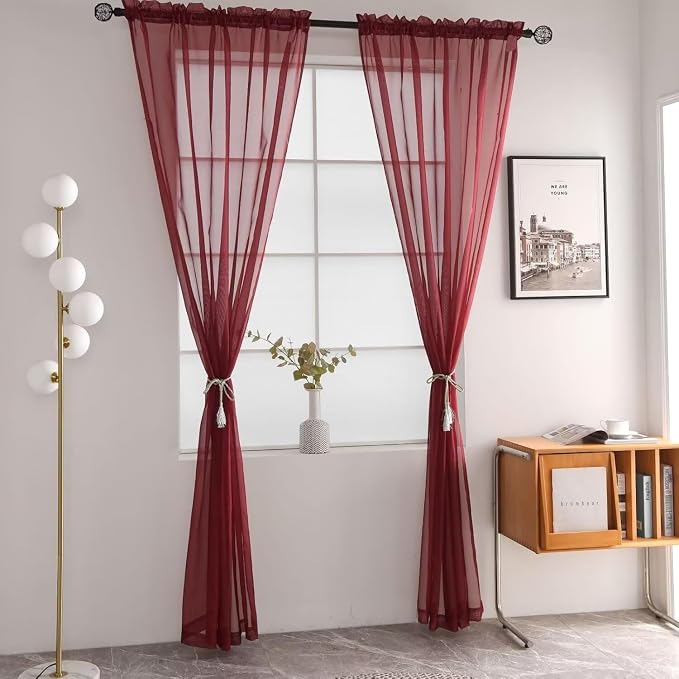 SpaceDresser Burgundy Sheer Curtains 4 Panels Rod Pocket Semi-Sheer Curtain 84 - Image 3