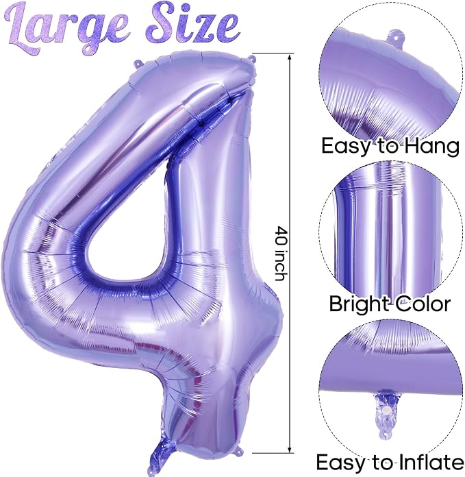 Purple Number 4 Balloon 40 Inch, Big Large Foil Helium Number Balloons - Image 3