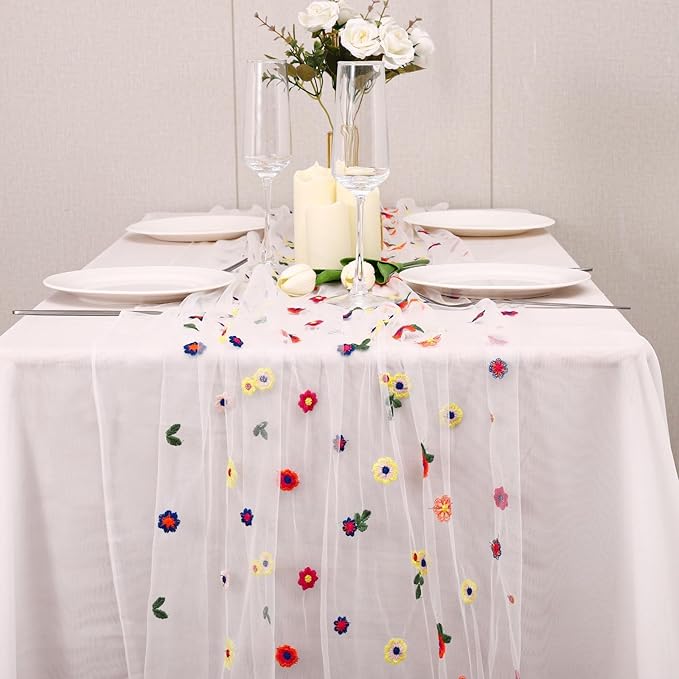 6PCS Lvory Floral Table Runner 10 FT, Embroidery Daisy Table Runners Seasonal Sheer Tulle Table Runner for Thanksgiving Wedding Birthday Baby Shower Party ﻿