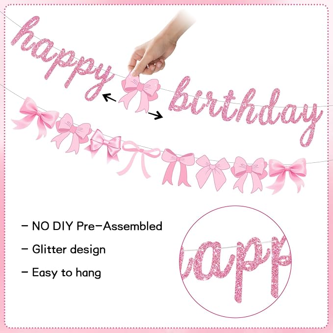 2pcs Glitter Pink Bow Party Banner Pre-Strung Happy Birthday Decorations Bow - Image 3