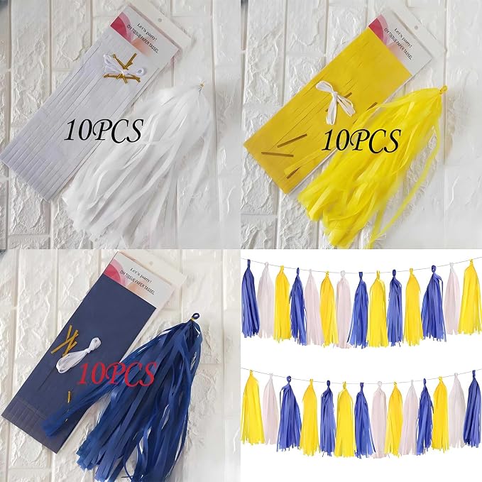 Yellow White and Blue Tassel 30Pcs Tissue Paper Tassels Garland DIY Hanging - Image 4
