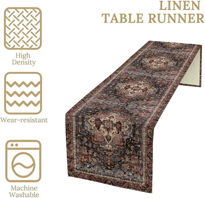 Vintage Boho Floral Table Runner, Rustic Country Farmhouse Black Bohemia Flower Pattern for Home Kitchen Table Decor Dining Coffee Room Party Decor 13x90in