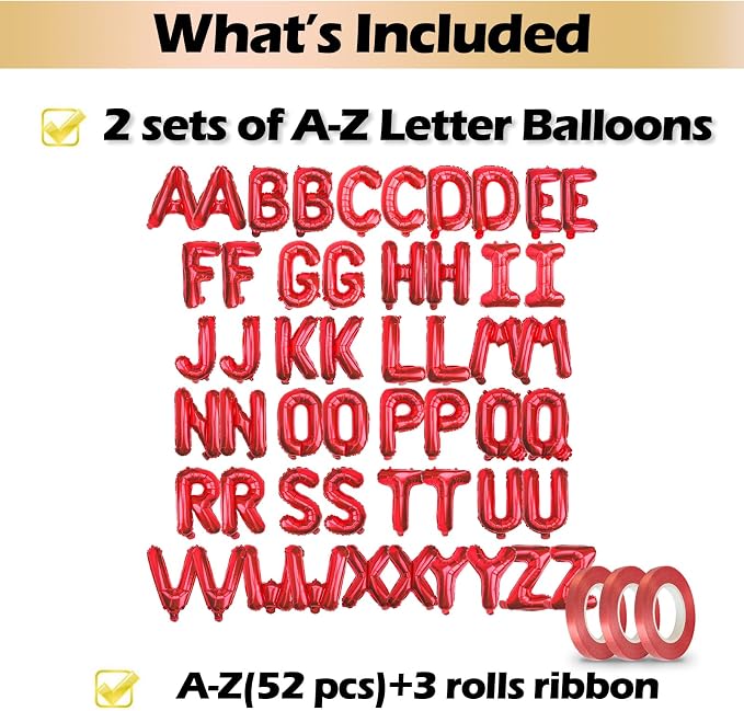 16 Inch 52Pcs Red Letter Balloons Shiny A-Z Foil Balloon Letters | Reusable - Image 3