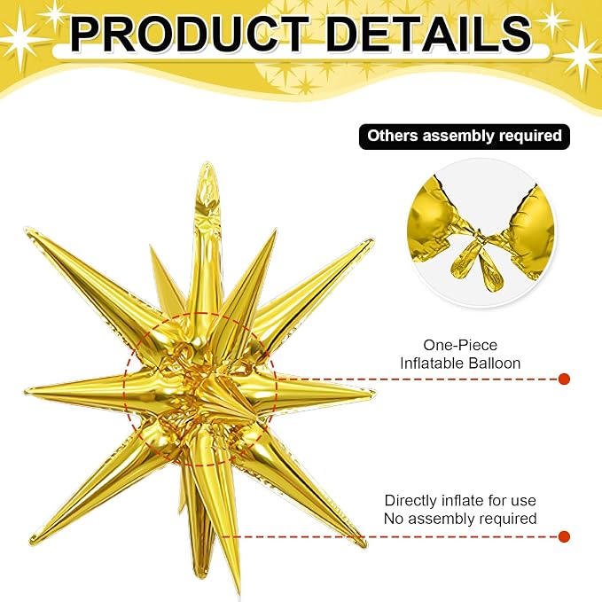 9Pcs Gold Star Balloons, Large Explosion Star Foil Balloons, Metallic Gold - Image 3