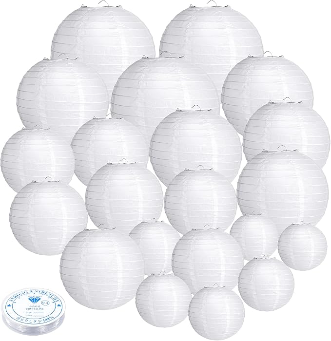 21Pcs White Paper Lanterns, 4-10in Hanging Decor by GCVOPTON
