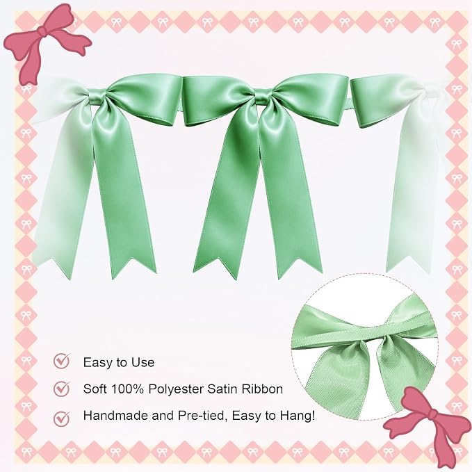 1 String of 8PCS Sage Green Bow Garland Banner Decoration, Pre-Strung Satin - Image 3