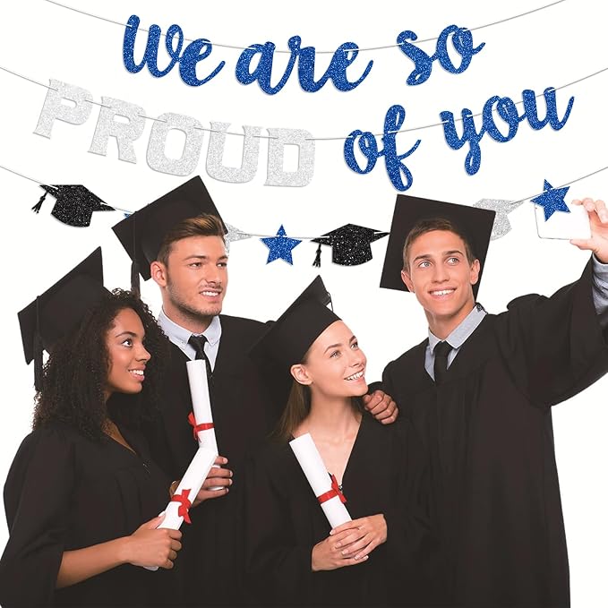 We Are So Proud of You Banner Prestrung Blue and Silver Graduation Banner - Image 6