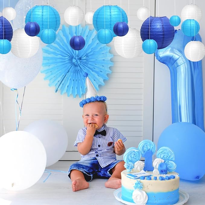 21Pcs Blue Paper Lanterns, 4-10in Hanging Decor, Wedding Birthday | Blue - Image 7