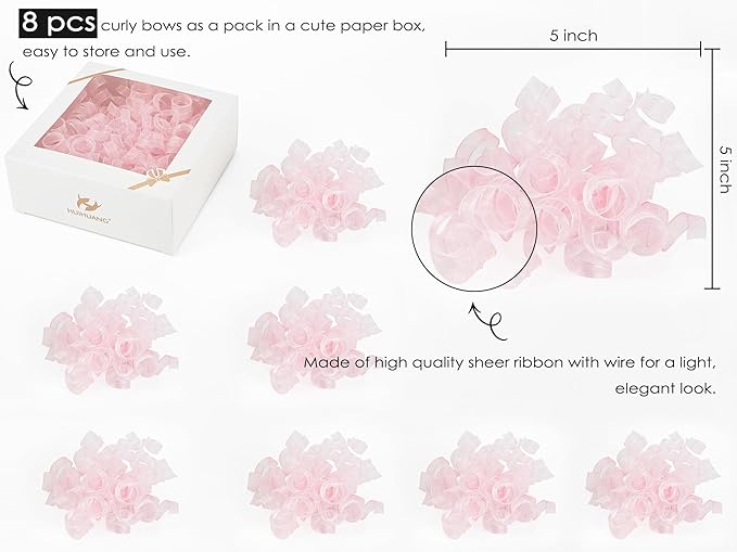 HUIHUANG Pink Bows for Gift Wrapping Pink Curly Gift Bows 5 inch x 8 Counts Self-Adhesive Curly Ribbon Bow for Presents, Paper Bag, Baby Shower Favors, Wrapping Accessories, Party Decor