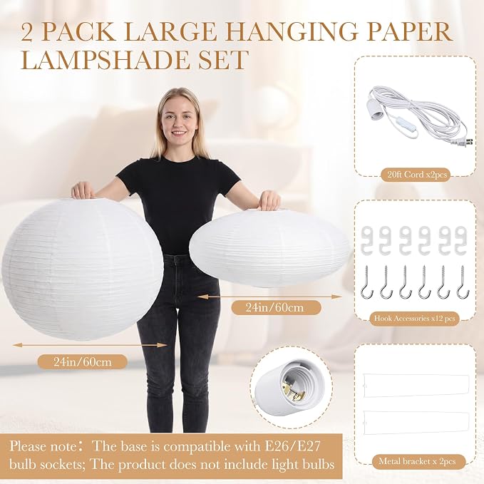 Nuanchu 2 Pack 24" Large Hanging Paper Lampshade Set Round and Oval White - Image 2