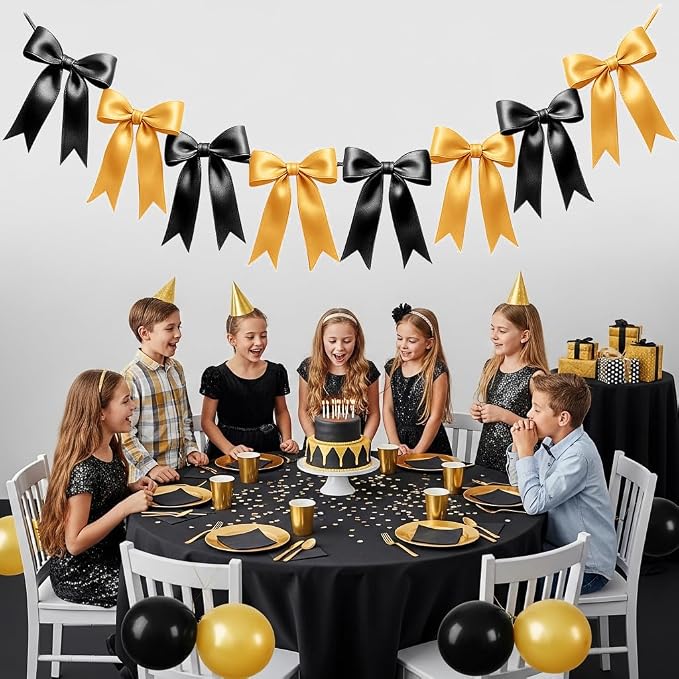 1 String of 8PCS Black&Gold Bow Garland Banner Decoration, Pre-Strung Satin - Image 5
