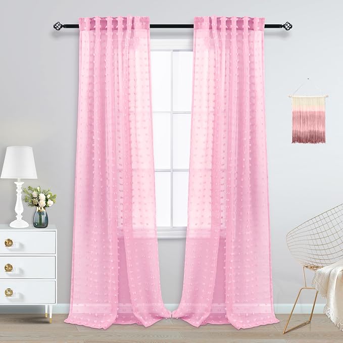 KOUFALL Pink Back Tab Rod Pocket Pom Pom Sheer Curtains, 8 FT 52x96 Length - Image 2