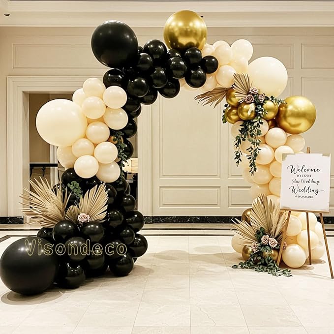 Black White and Gold Balloon Arch Kit – Double Stuffed Balloons in Black - Image 5