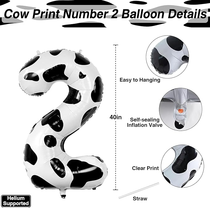 40 Inch Cow Print Number 2 Balloon, Large Black & White Mylar Foil Number - Image 3