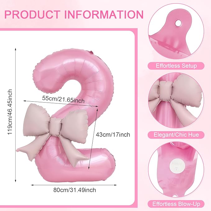 Bow Pink 2 Balloons, 40 Inch Giant Pink Bow Helium Foil Number 2 - Image 2