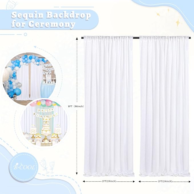 White Sequin Backdrop Curtains Party Photo Glitter Drapes 2 Pcs 2FTx8FT | - Image 5