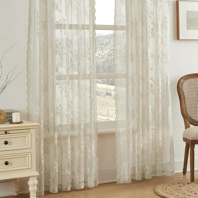 Khaki Lace Curtains 84 Inches Long 2 Panels Vintage Floral Sheer Curtains - Image 3