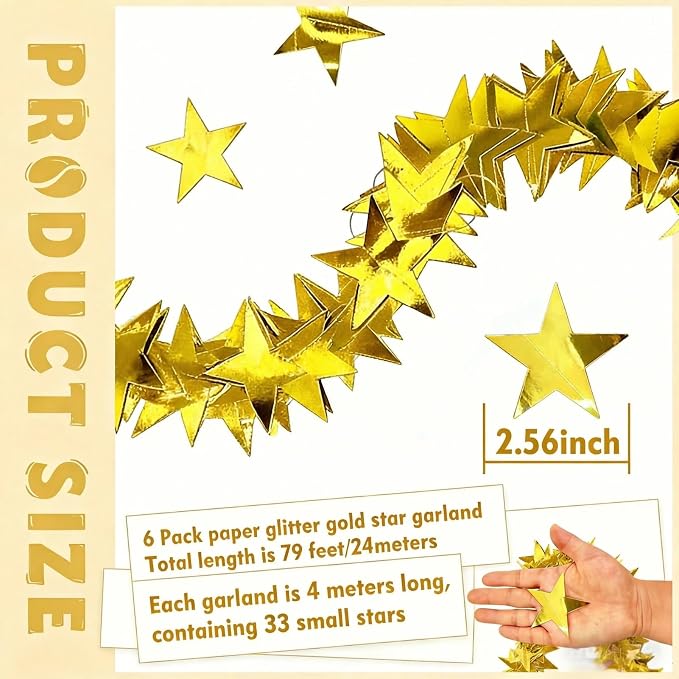 6 Pack Gold Star Garland Banner Each 13Ft Glitter Star Hanging Streamers | - Image 2